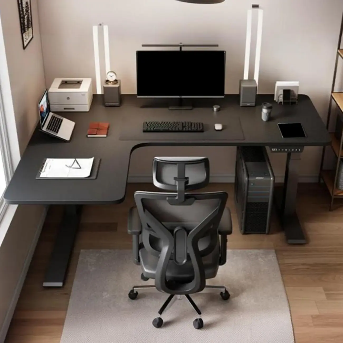 55"L Black L-Shaped Adjustable Computer Desk Image - 2 | homeyfad