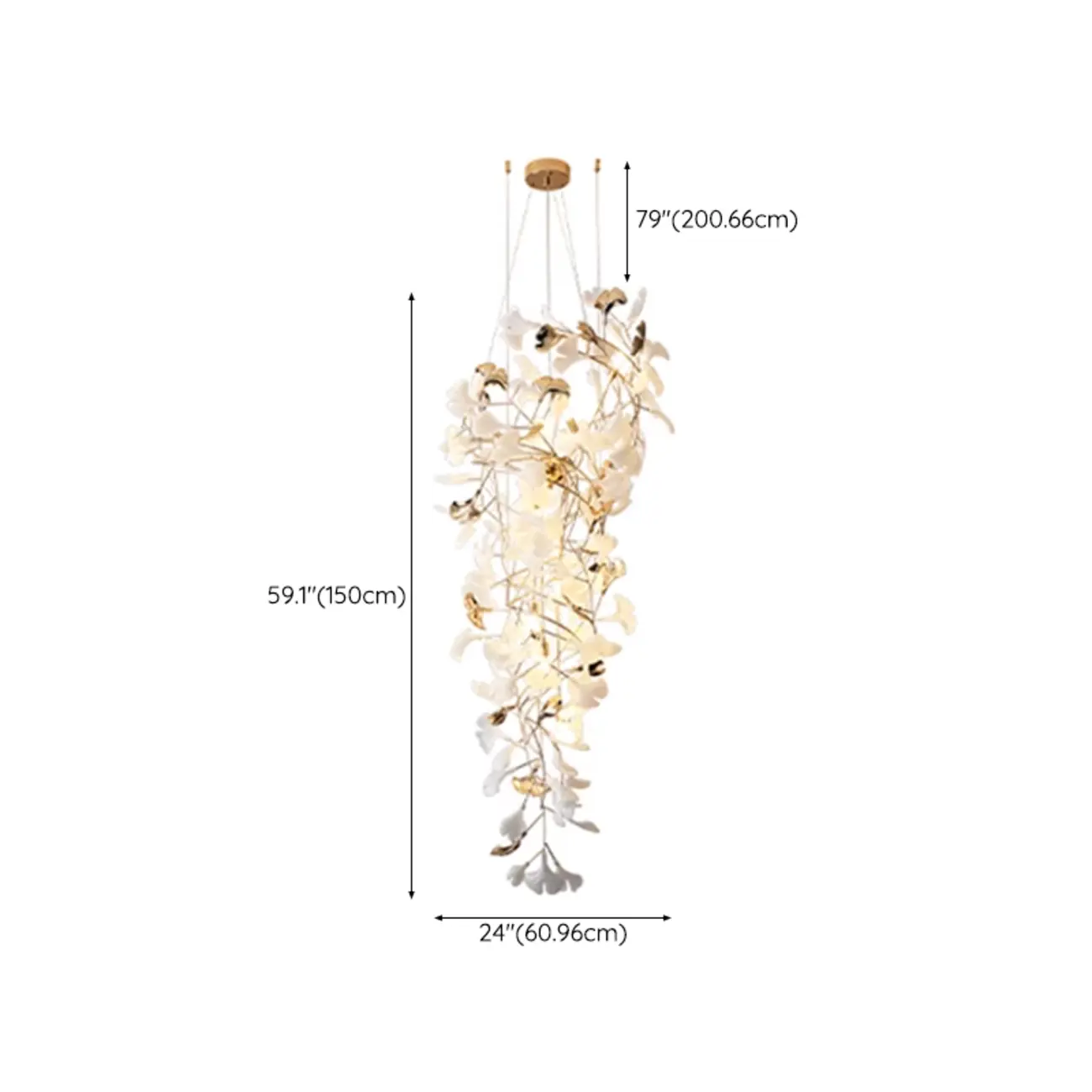 Elegant White Ginkgo Leaf Golden Stairwell Chandelier #size
