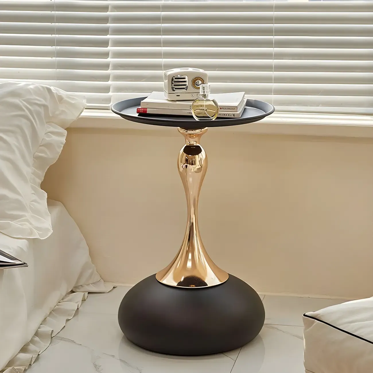 Luxurious Round Metal End Table with Tray for Living Room Image - 2