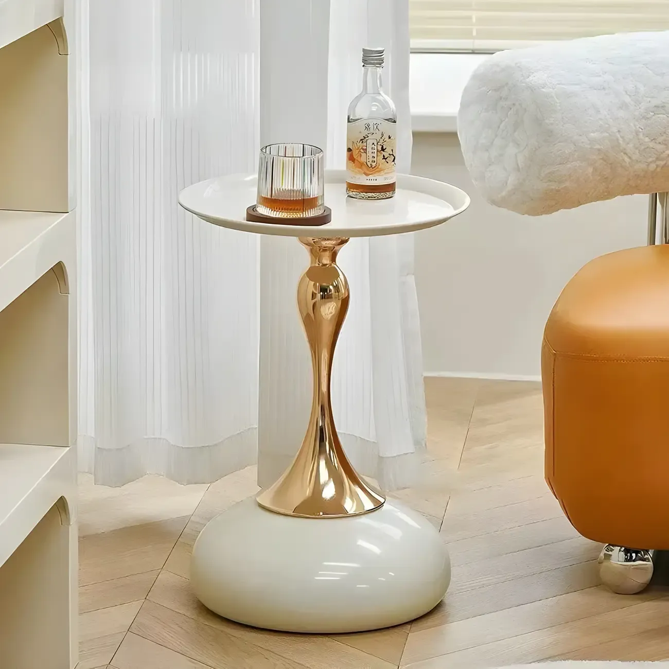Luxurious Round Metal End Table with Tray for Living Room Image - 1