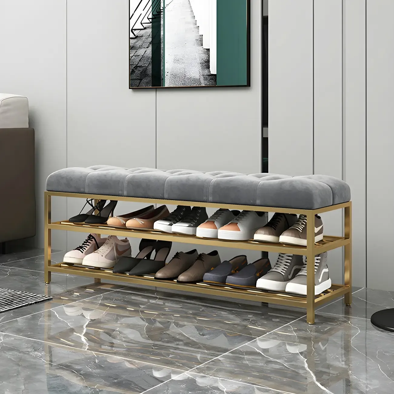 Gray Upholstered Shoe Rack with Gold Frame for Entryway Image - 1
