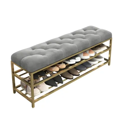Gray Upholstered Shoe Rack with Gold Frame for Entryway Image - 3