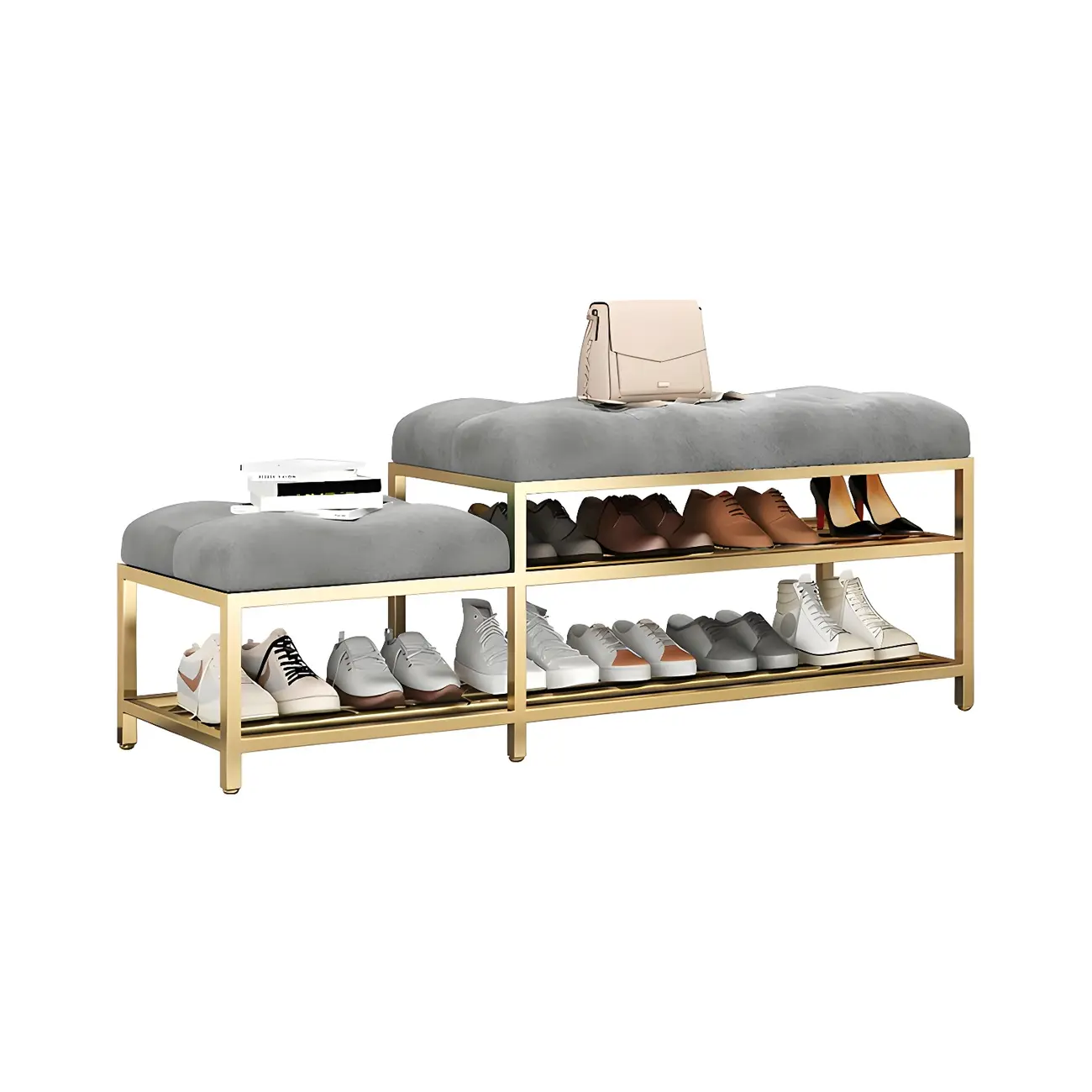 Gray Upholstered Shoe Rack with Gold Frame for Entryway Image - 4 | homeyfad