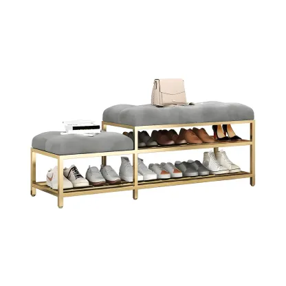 Gray Upholstered Shoe Rack with Gold Frame for Entryway Image - 4