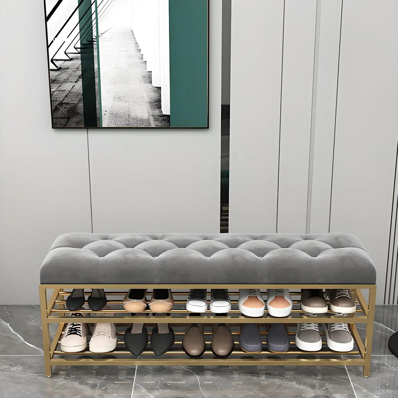Gray Upholstered Shoe Rack with Gold Frame for Entryway Image - 2 | homeyfad