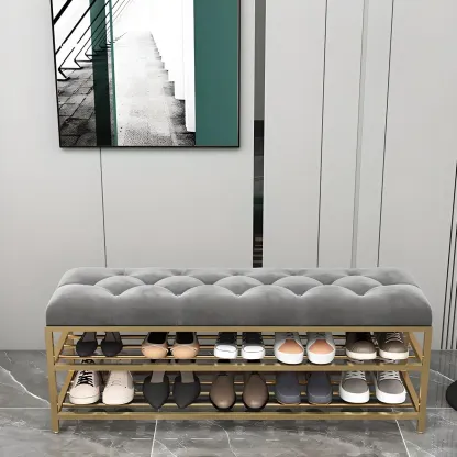 Gray Upholstered Shoe Rack with Gold Frame for Entryway Image - 2