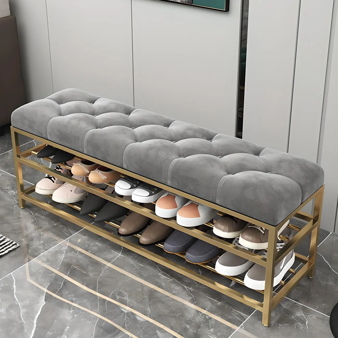Gray Upholstered Shoe Rack with Gold Frame for Entryway Image - 5 | homeyfad