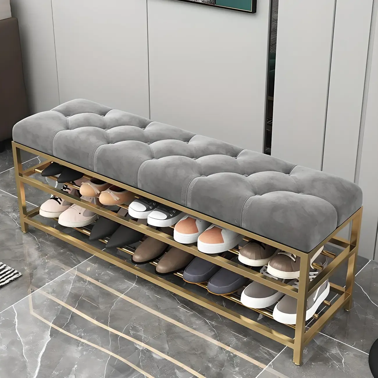 Gray Upholstered Shoe Rack with Gold Frame for Entryway Image - 5