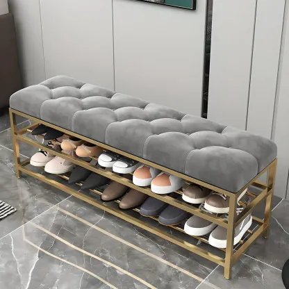 Gray Upholstered Shoe Rack with Gold Frame for Entryway Image - 5