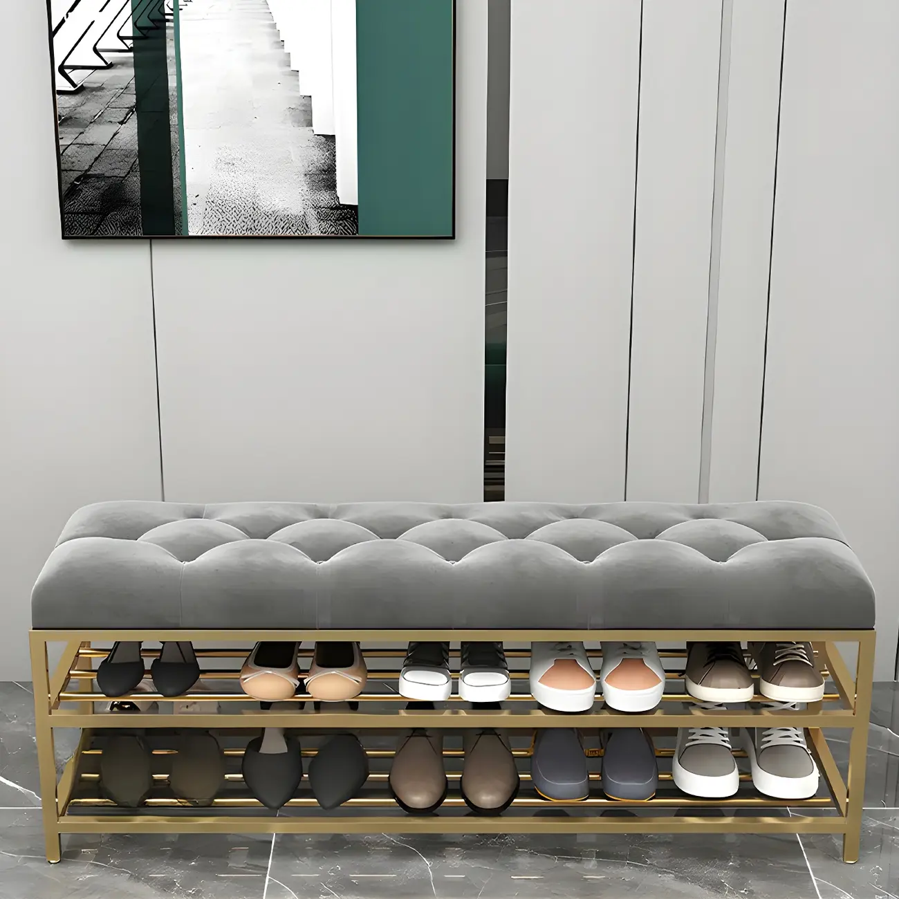 Gray Upholstered Shoe Rack with Gold Frame for Entryway Image - 6 | homeyfad