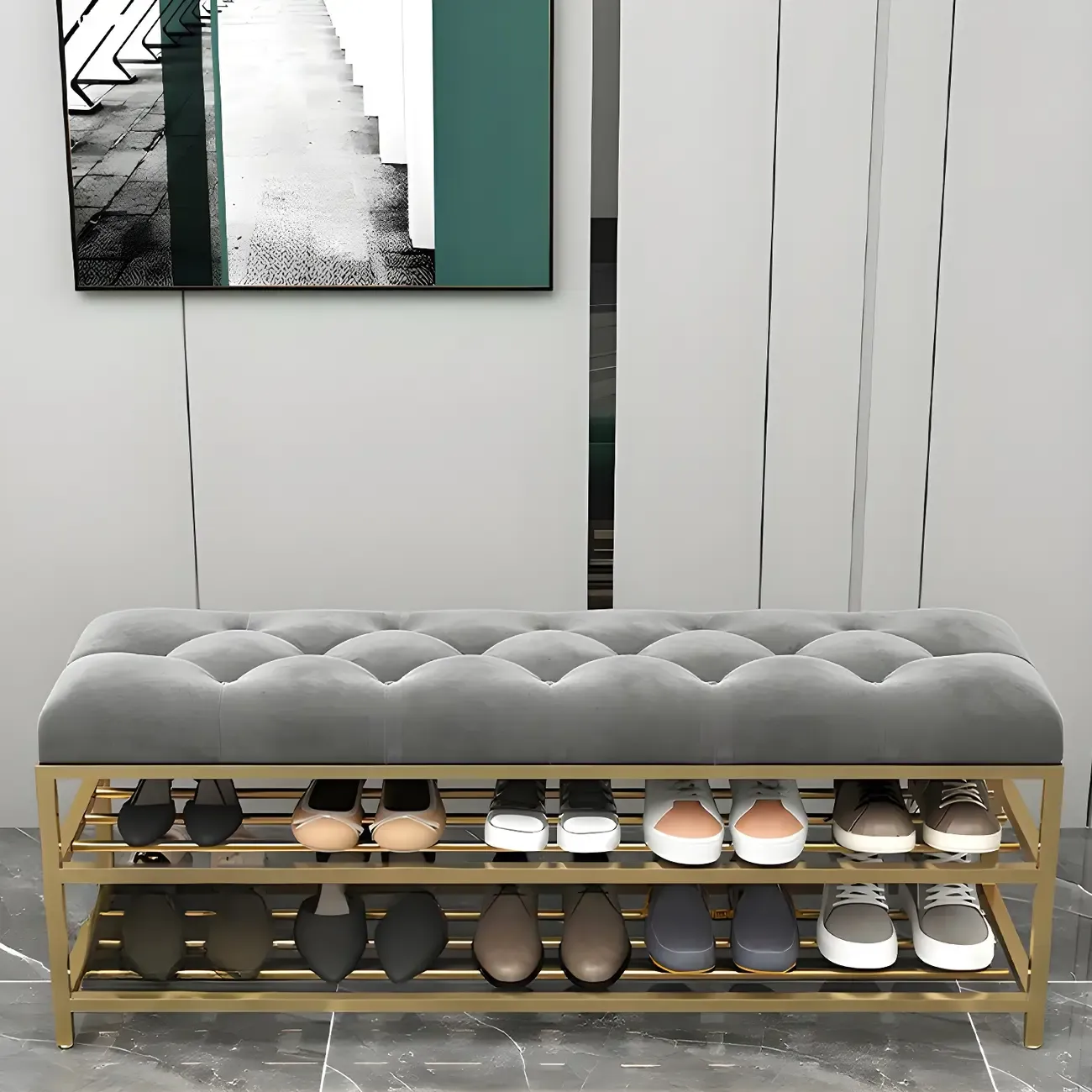 Gray Upholstered Shoe Rack with Gold Frame for Entryway Image - 6