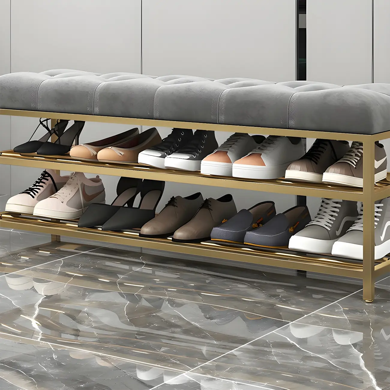 Gray Upholstered Shoe Rack with Gold Frame for Entryway Image - 7 | homeyfad