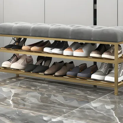 Gray Upholstered Shoe Rack with Gold Frame for Entryway Image - 7