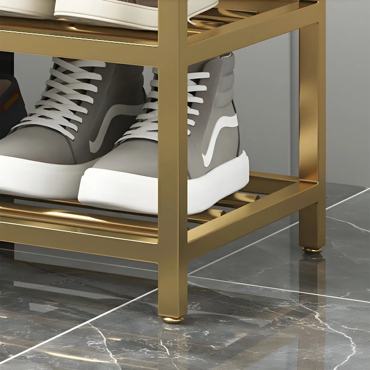 Gray Upholstered Shoe Rack with Gold Frame for Entryway Image - 9 | homeyfad