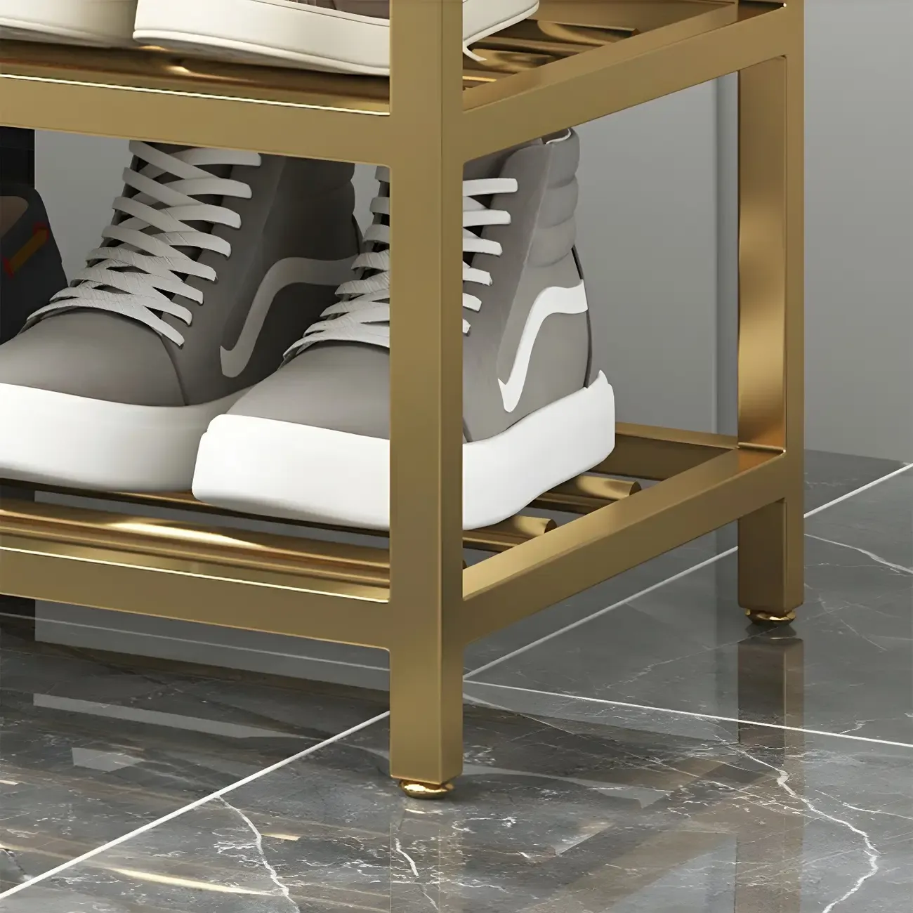 Gray Upholstered Shoe Rack with Gold Frame for Entryway Image - 9