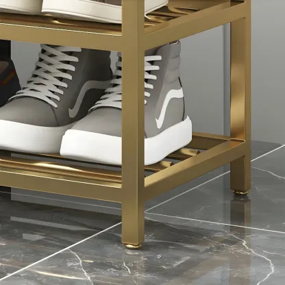 Gray Upholstered Shoe Rack with Gold Frame for Entryway Image - 9