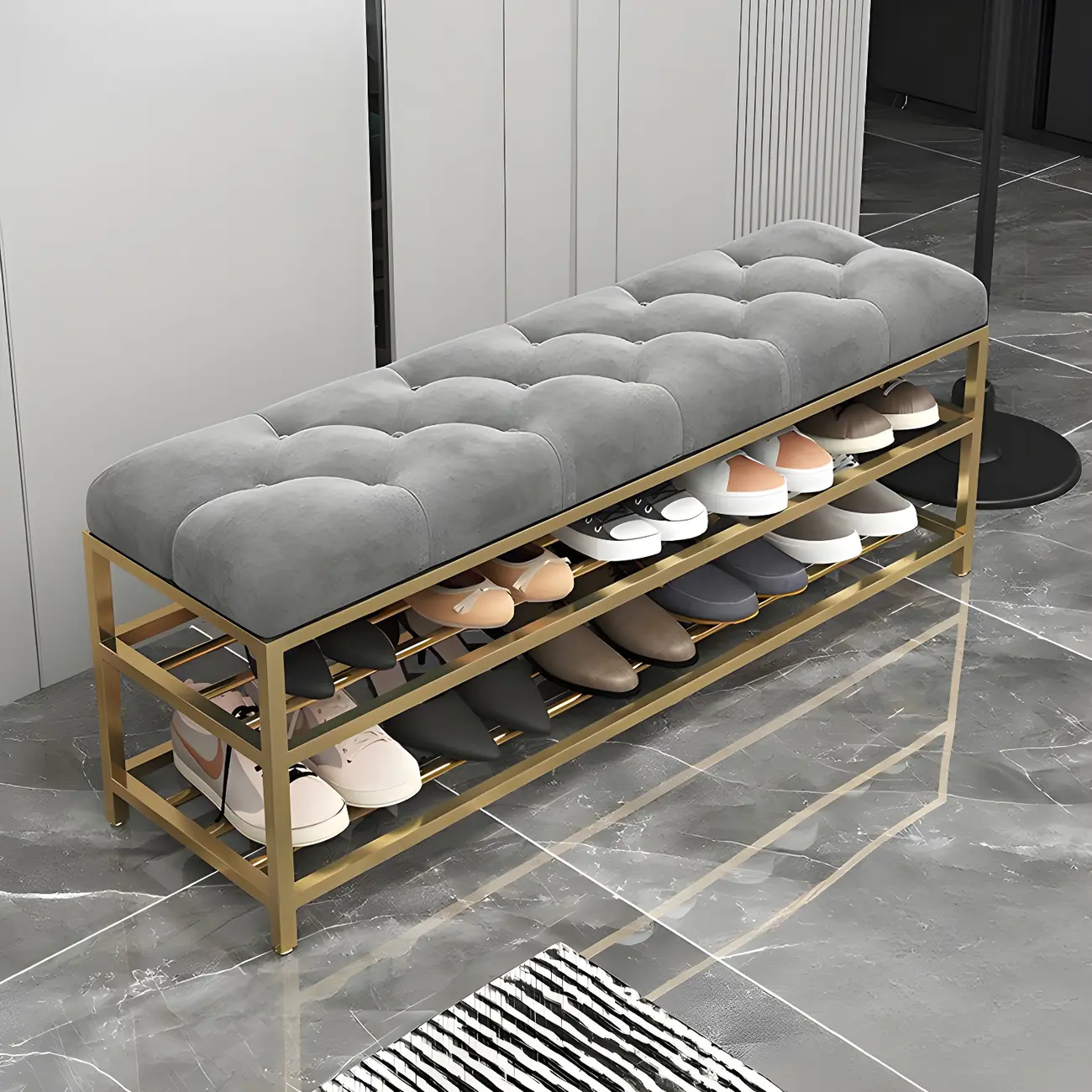 Gray Upholstered Shoe Rack with Gold Frame for Entryway Image - 11 | homeyfad