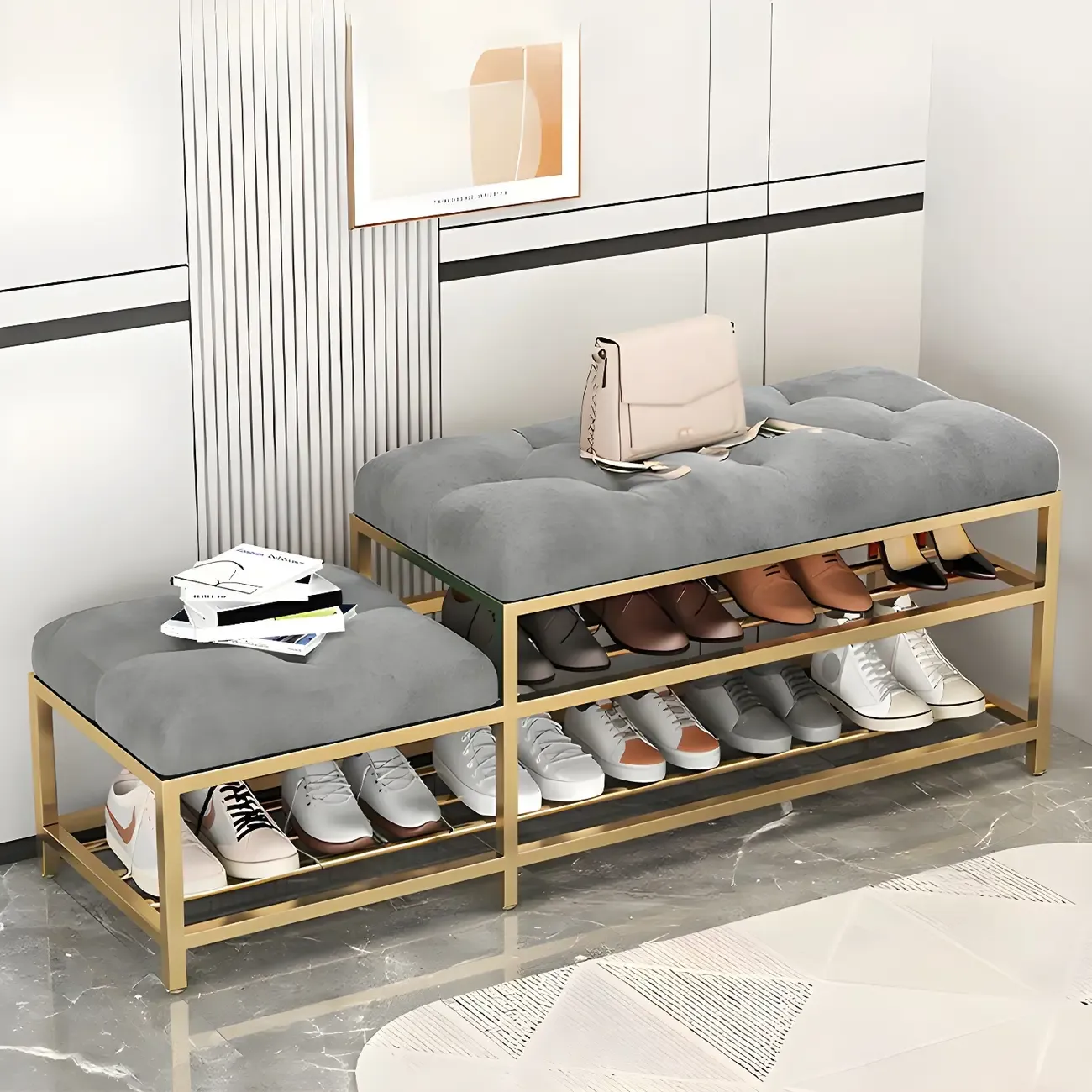 Gray Upholstered Shoe Rack with Gold Frame for Entryway Image - 12