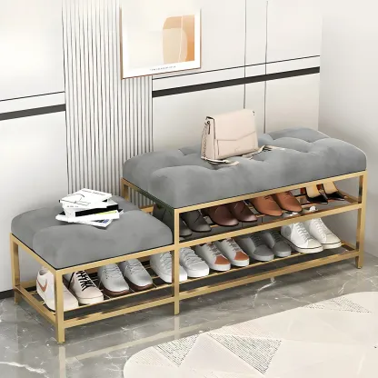 Gray Upholstered Shoe Rack with Gold Frame for Entryway Image - 12