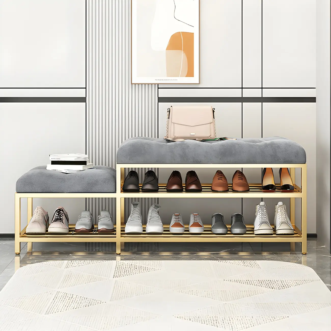 Gray Upholstered Shoe Rack with Gold Frame for Entryway Image - 13 | homeyfad