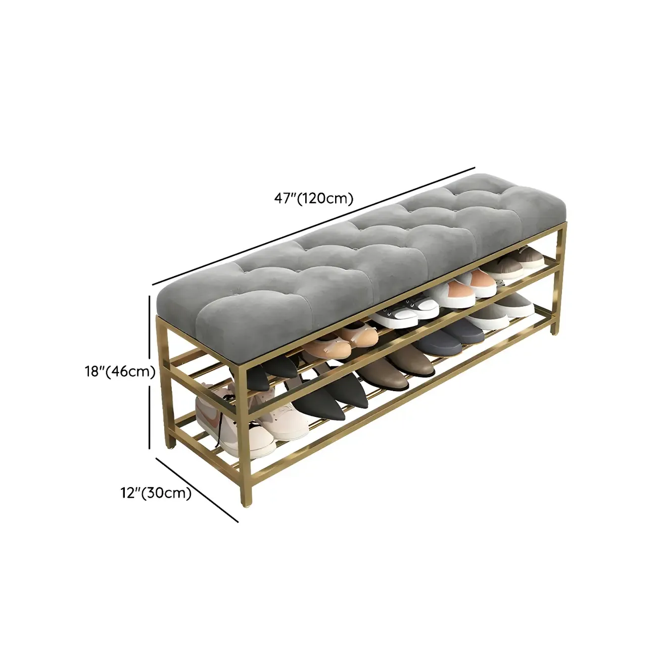 Gray Upholstered Shoe Rack with Gold Frame for Entryway Image - 17