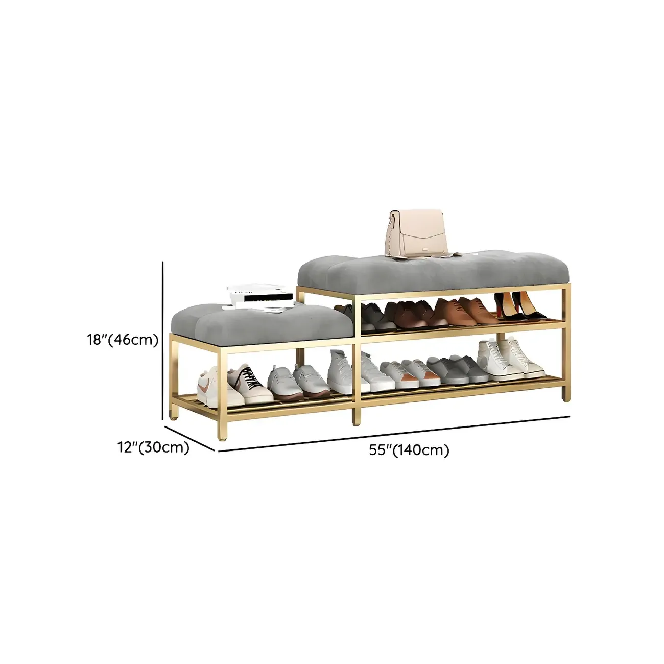 Gray Upholstered Shoe Rack with Gold Frame for Entryway Image - 22