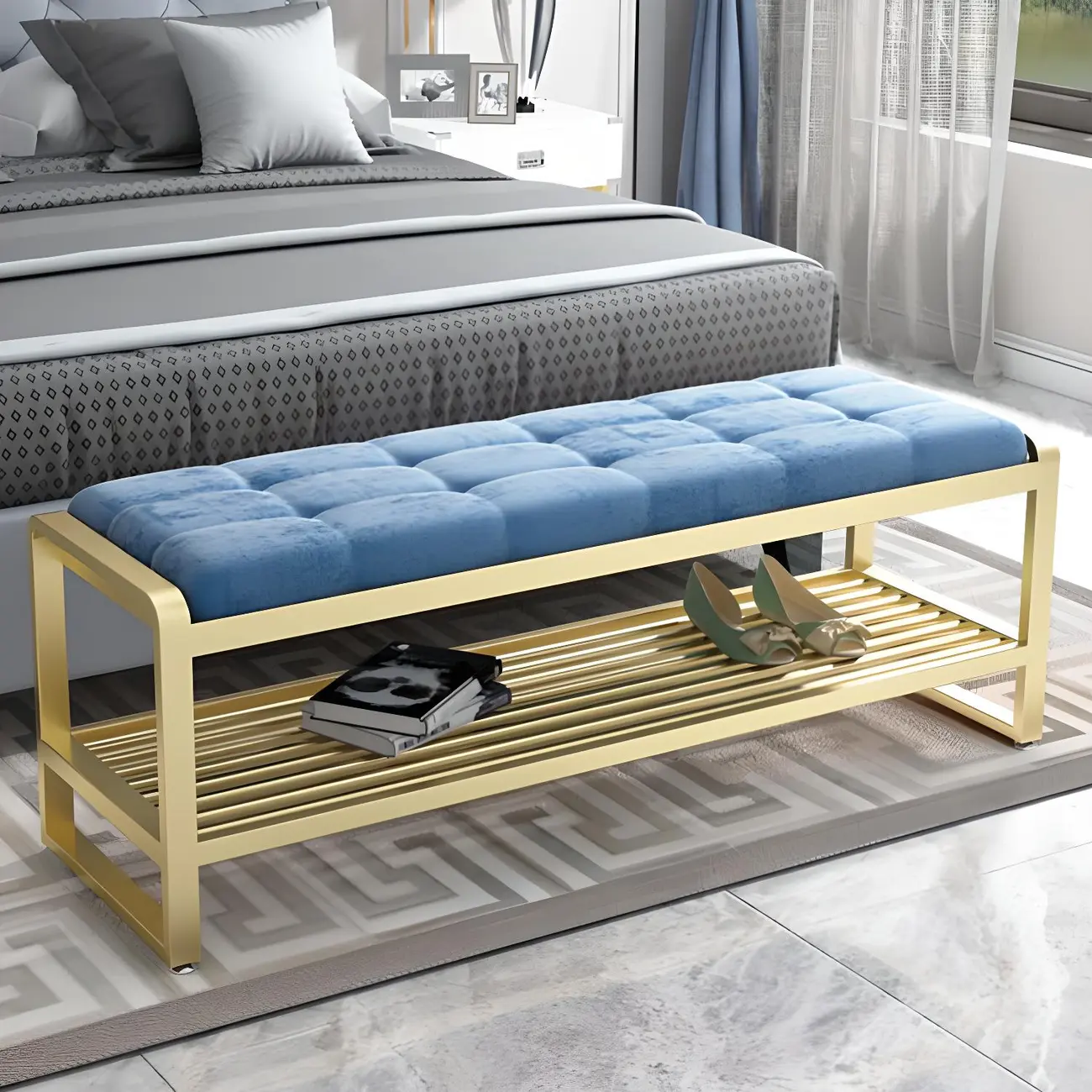 2 Tiers Modern Orange Metal Shoe Storage Bench Image - 4 | homeyfad