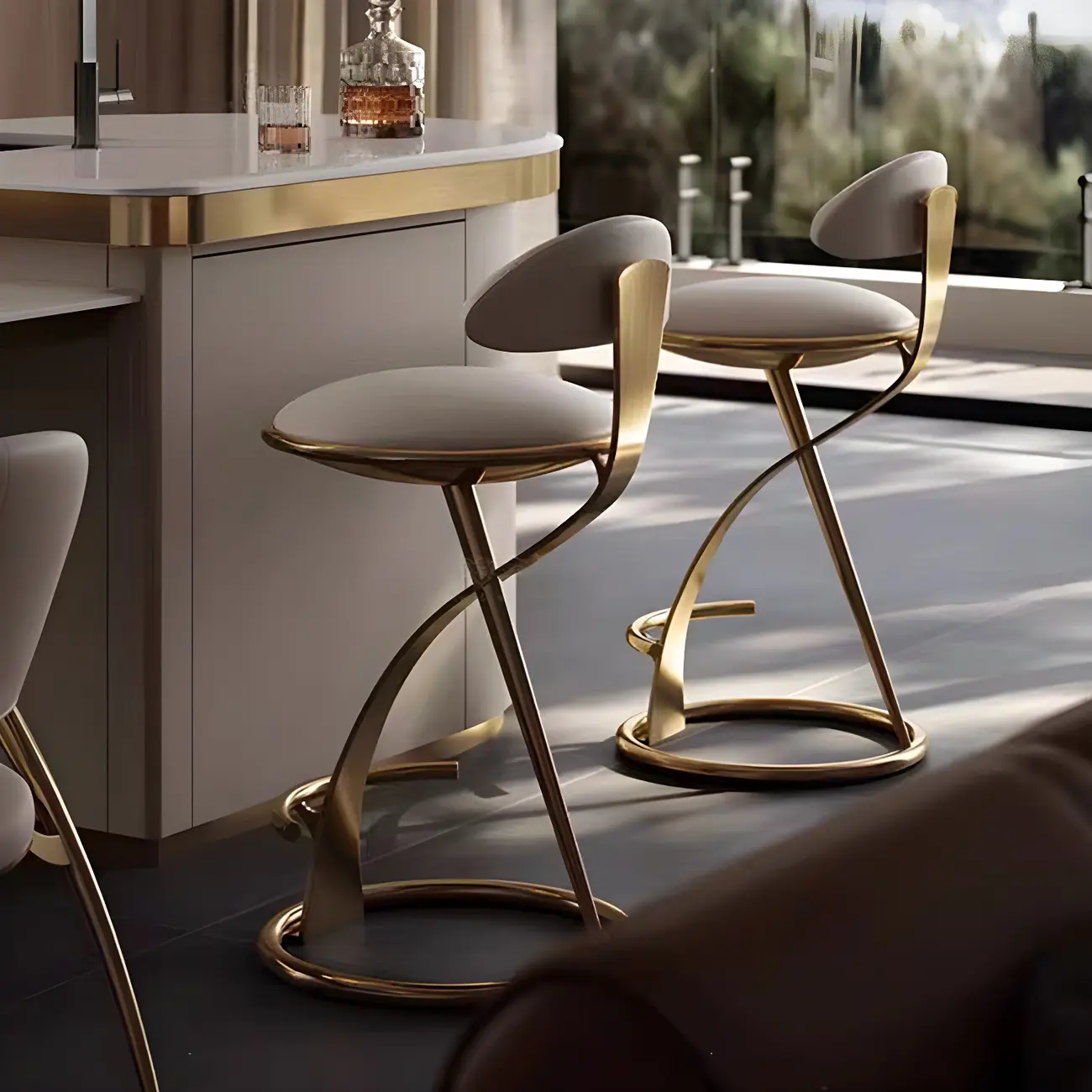 Luxury Gold Metal Frame Sleek Beige Leather Bar Stool Image - 2 | homeyfad