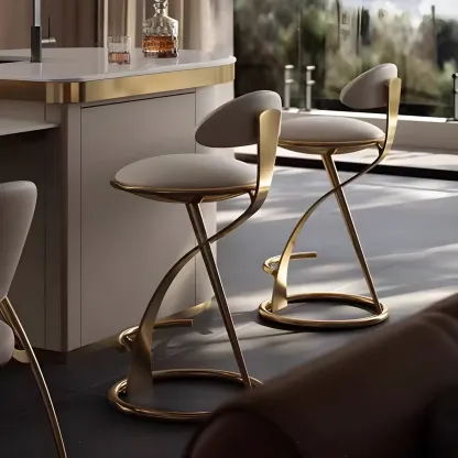 Luxury Gold Metal Frame Sleek Beige Leather Bar Stool Image - 2