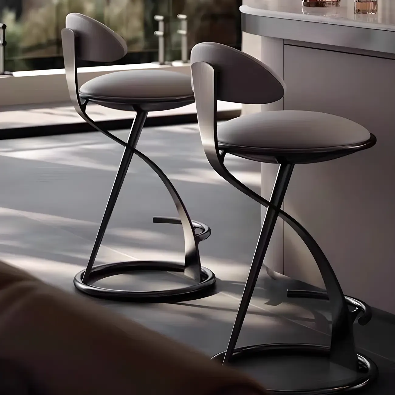 Luxury Gold Metal Frame Sleek Beige Leather Bar Stool Image - 4