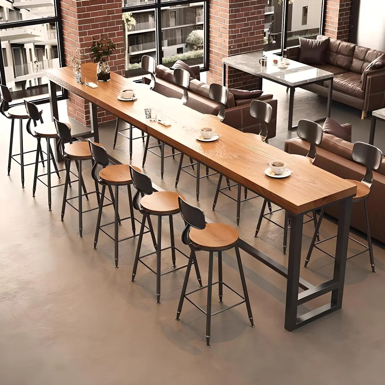 Brown Rectangular Pine Wood Bar Table with Steel Base Image - 2 | homeyfad