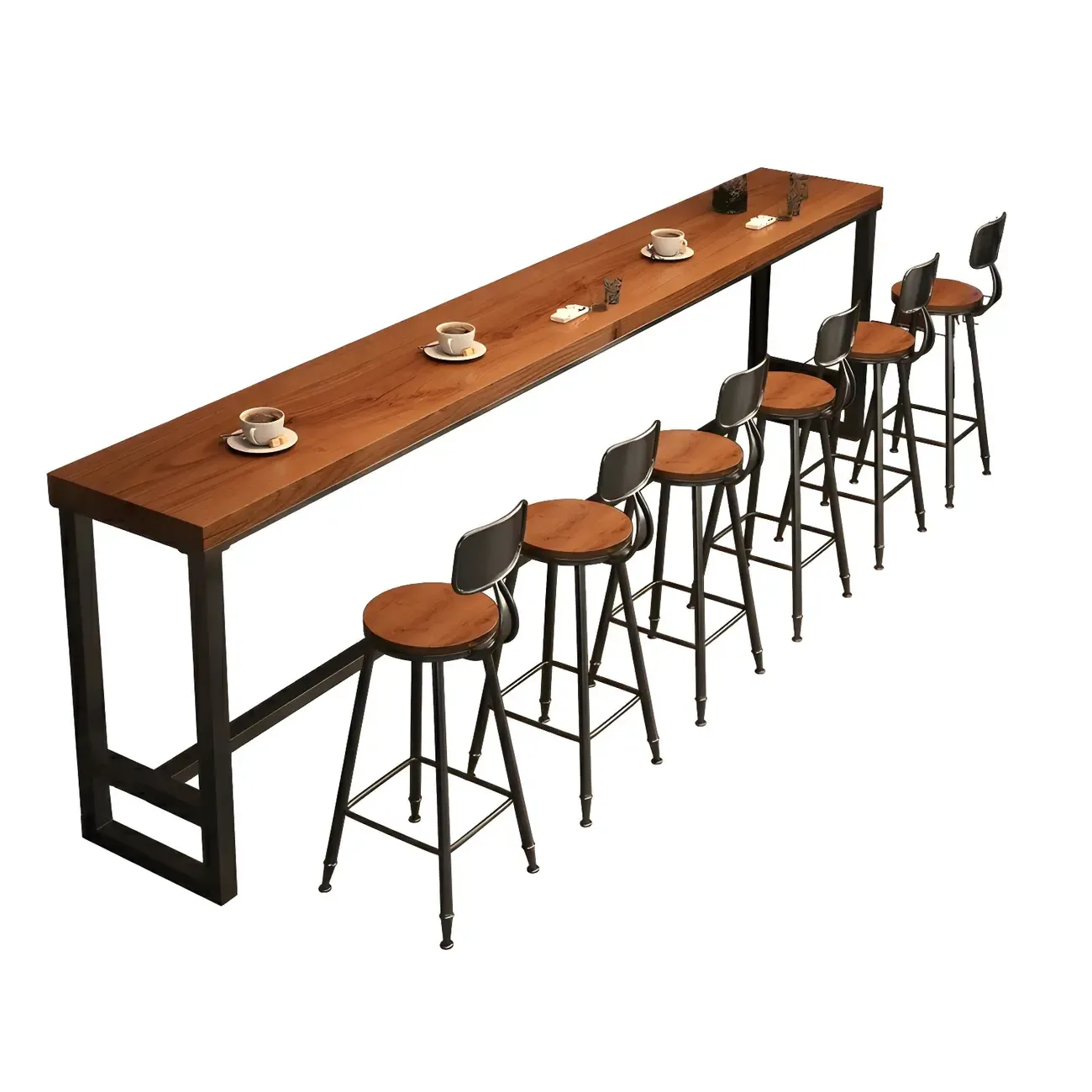 Brown Rectangular Pine Wood Bar Table with Steel Base Image - 5