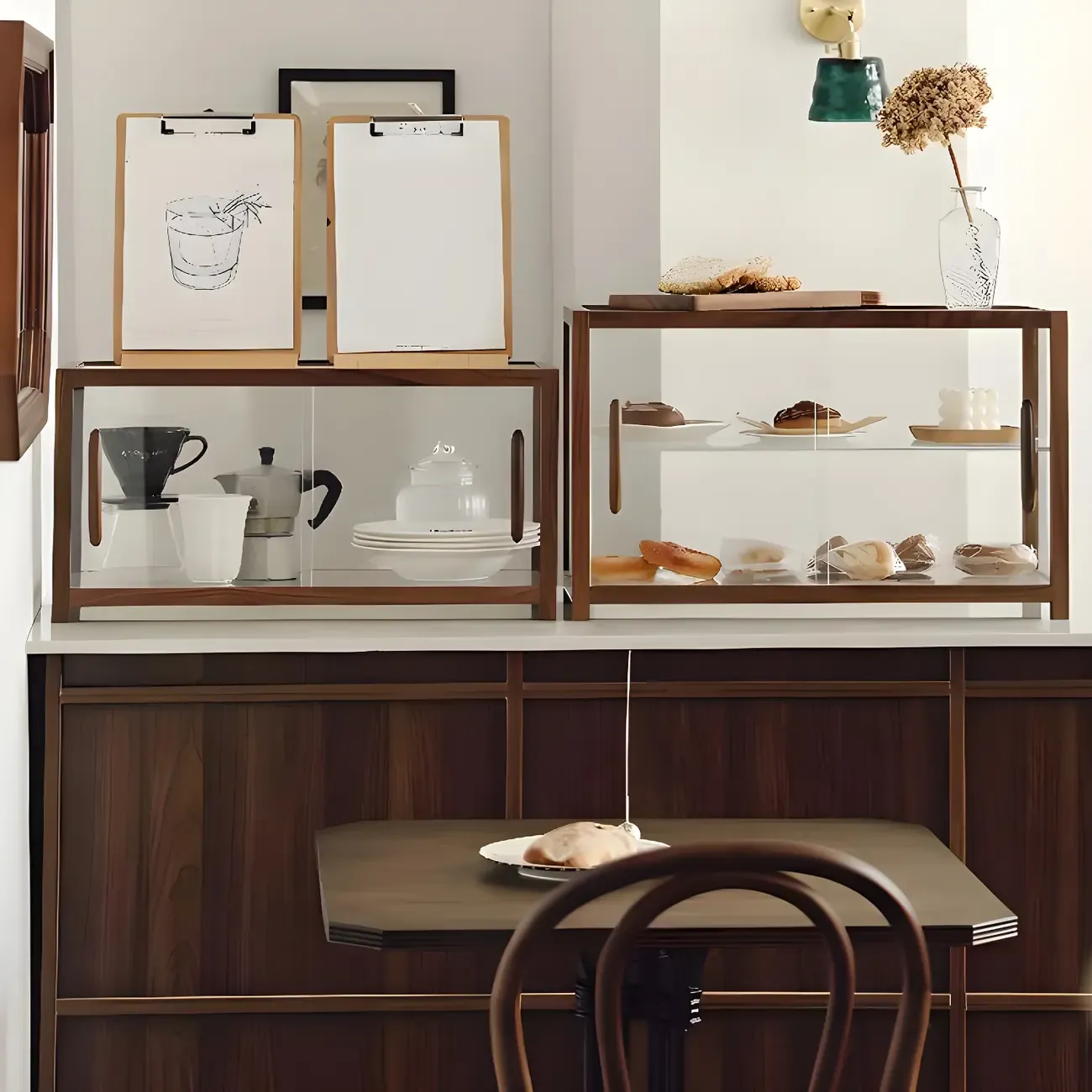 Elegant Wooden Table Top Curio Cabinet with Sliding Doors Image - 5