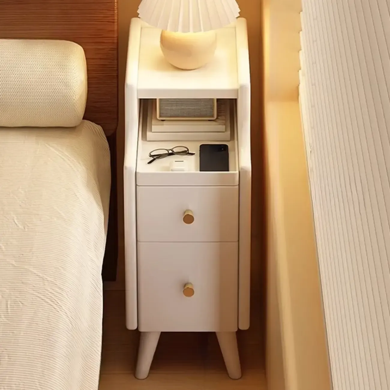 Narrow White Wood 2 Shelves Nightstand Image - 9