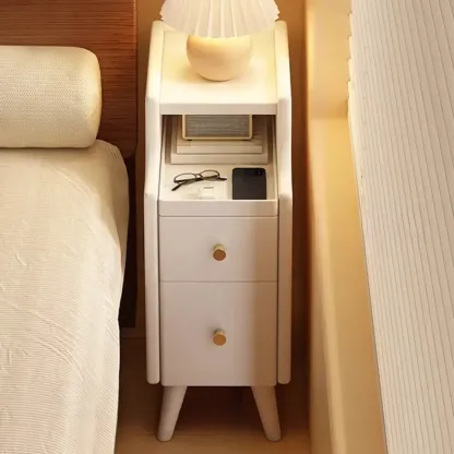 Narrow White Wood 2 Shelves Nightstand Image - 9