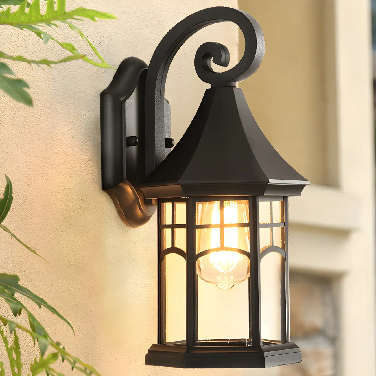 Industrial Black Metal Clear Glass Lantern Outdoor Wall Light Image - 1 | homeyfad