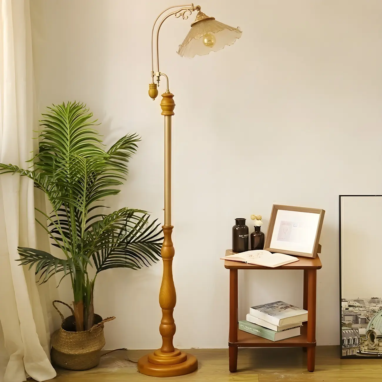 Plug-In Vintage Flower Shape Amber Glass Arc Floor Lamp Image - 5 | homeyfad