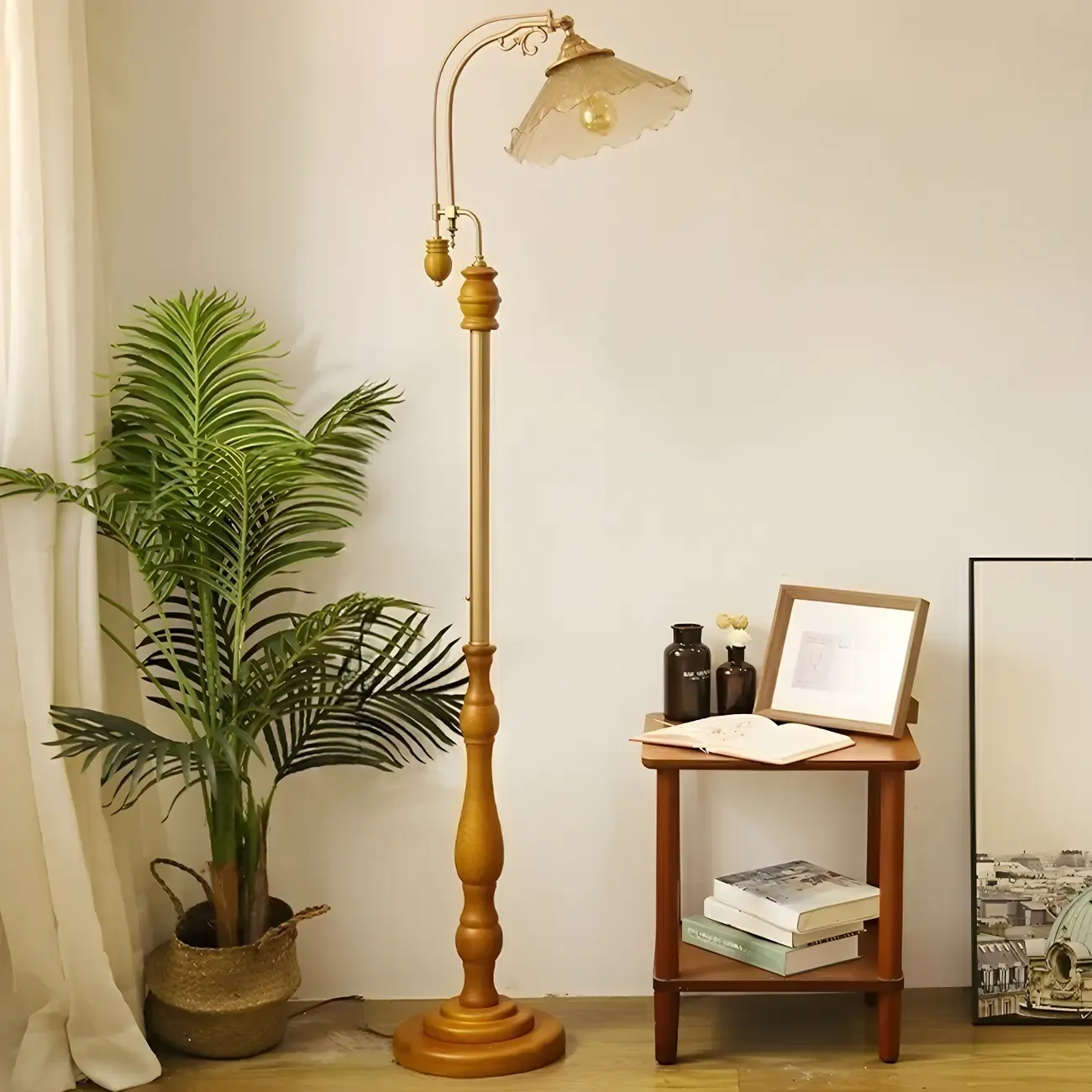 Plug-In Vintage Flower Shape Amber Glass Arc Floor Lamp Image - 5