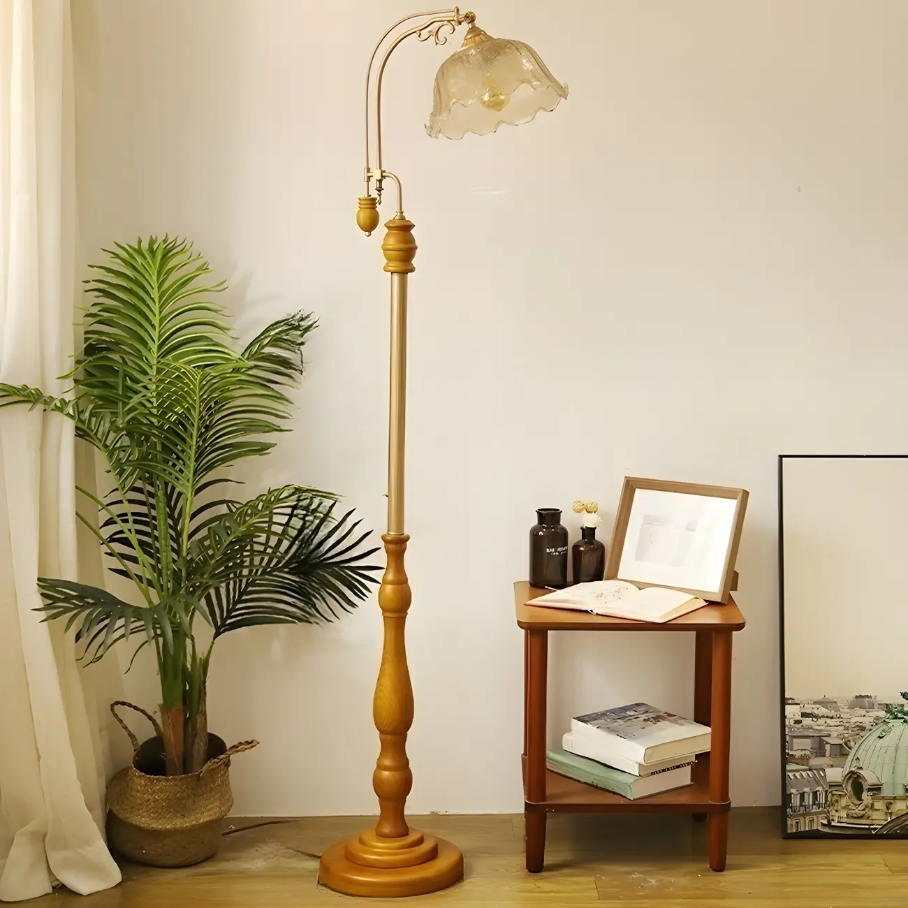 Plug-In Vintage Flower Shape Amber Glass Arc Floor Lamp Image - 4 | homeyfad