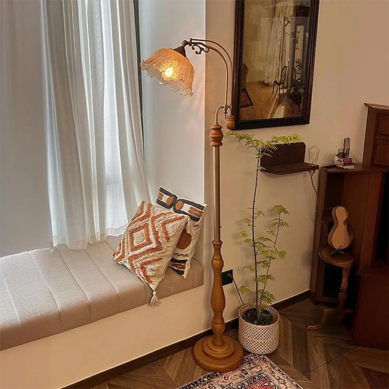 Plug-In Vintage Flower Shape Amber Glass Arc Floor Lamp Image - 3 | homeyfad