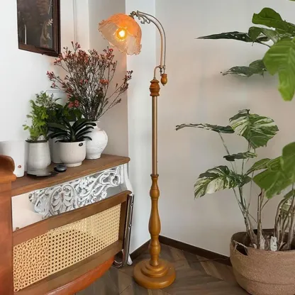 Plug-In Vintage Flower Shape Amber Glass Arc Floor Lamp Image - 2