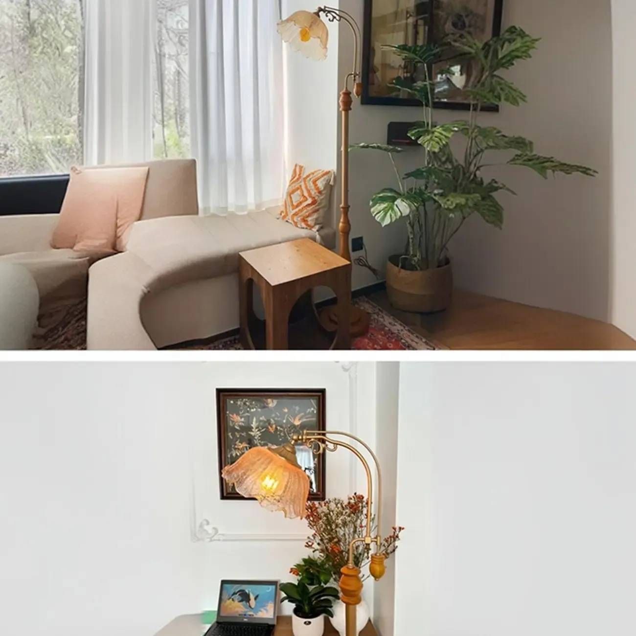 Plug-In Vintage Flower Shape Amber Glass Arc Floor Lamp Image - 11