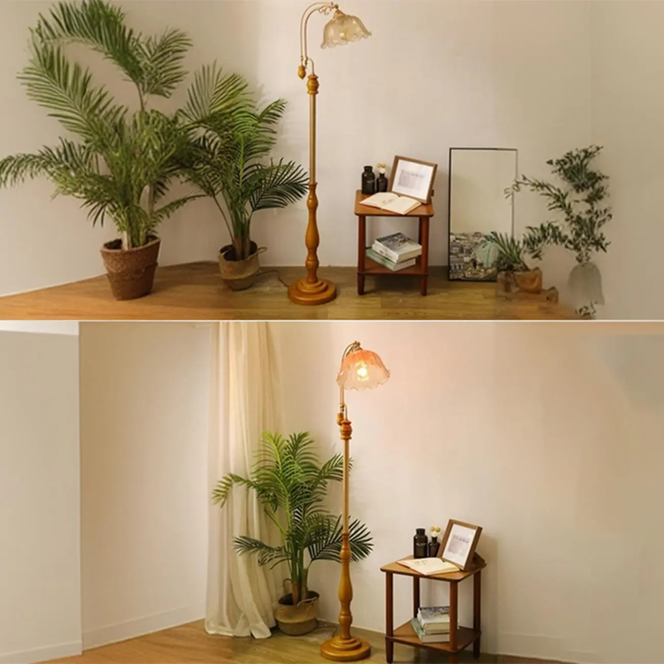 Plug-In Vintage Flower Shape Amber Glass Arc Floor Lamp Image - 13 | homeyfad