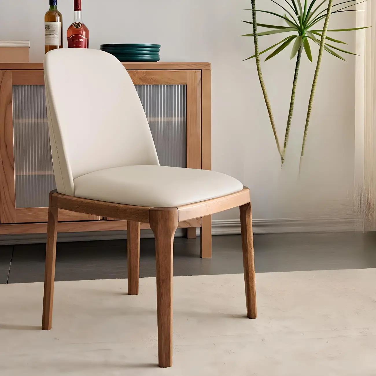 Cream Wood Faux Leather Solid Back Dining Chair Image - 3 | homeyfad