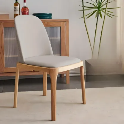 Cream Wood Faux Leather Solid Back Dining Chair Image - 5