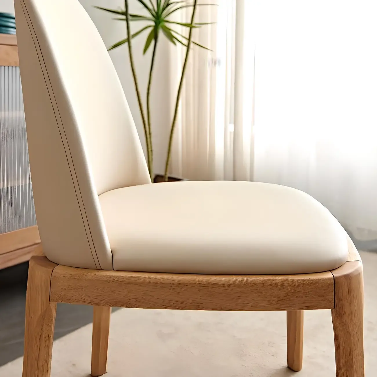Cream Wood Faux Leather Solid Back Dining Chair Image - 6