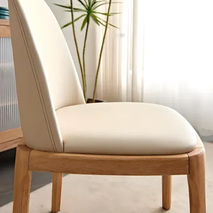 Cream Wood Faux Leather Solid Back Dining Chair Image - 6