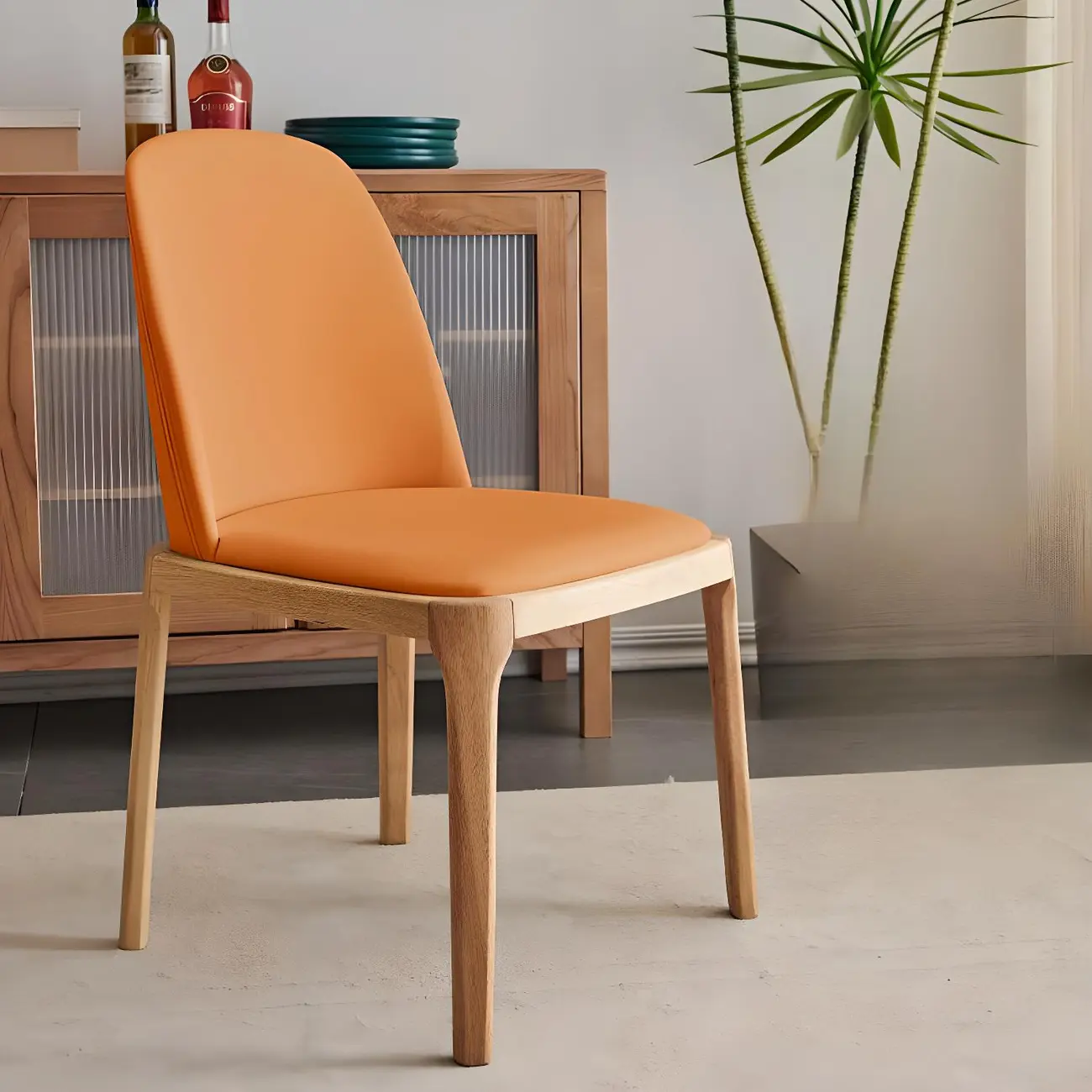 Cream Wood Faux Leather Solid Back Dining Chair Image - 7 | homeyfad