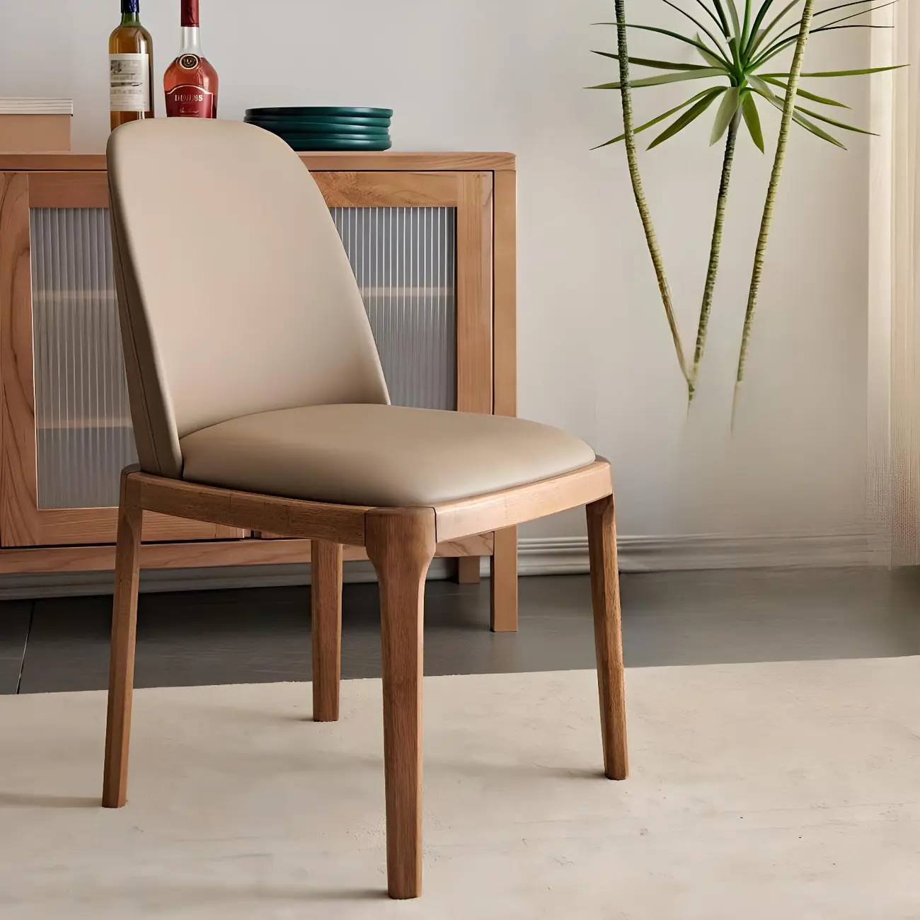 Cream Wood Faux Leather Solid Back Dining Chair Image - 9 | homeyfad
