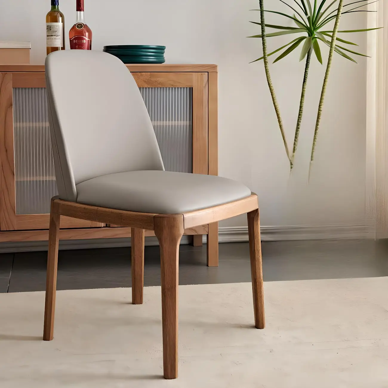 Cream Wood Faux Leather Solid Back Dining Chair Image - 11 | homeyfad